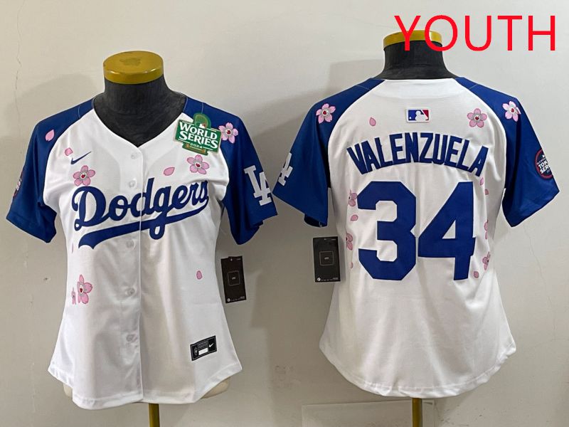 Youth Los Angeles Dodgers #34 Valenzuela White Blue Sakura Edition 2025 Nike MLB Jersey style 34